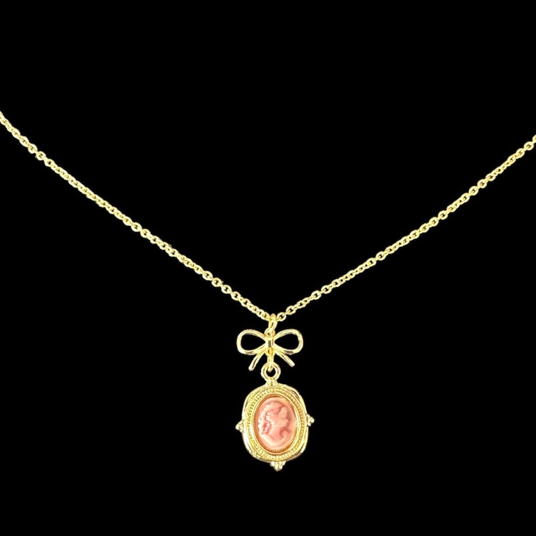 Dainty Pink Cameo Bow Necklace
