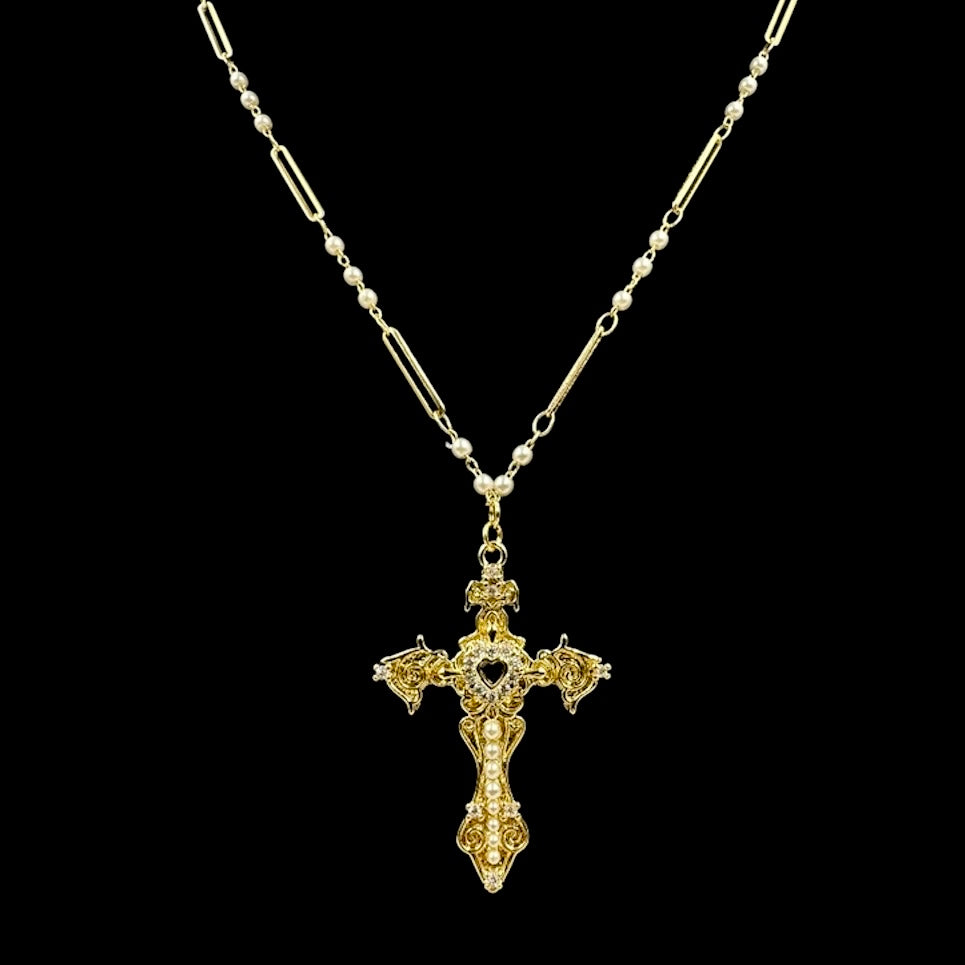 Gold Fleur de Lis Cross Pearl Necklace