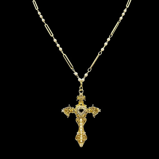 Gold Fleur de Lis Cross Pearl Necklace