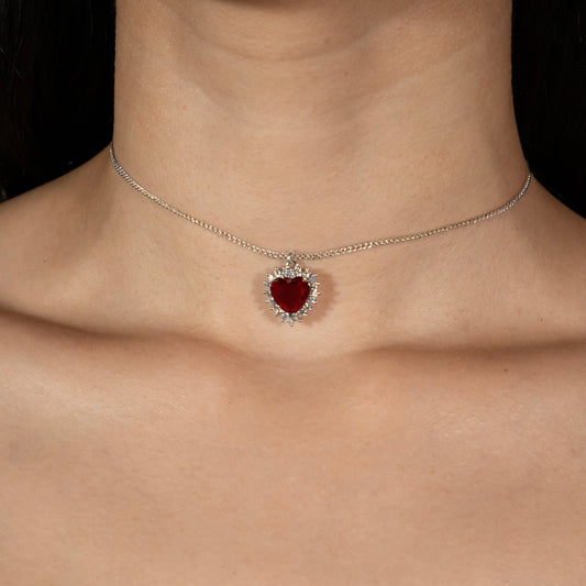 Snow White Silver Diamond Heart Choker