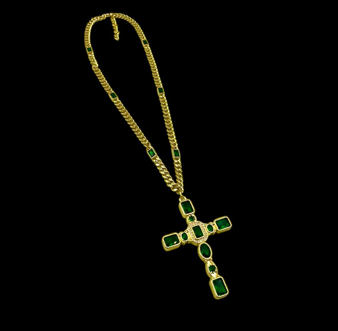 Emerald Green Baguette Cross Necklace