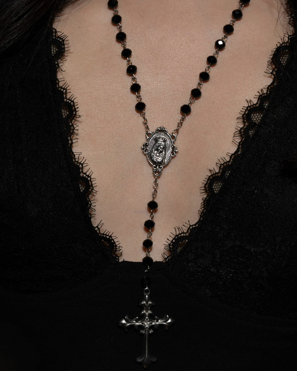 Silver Crowned Mary Black Beaded Rosary