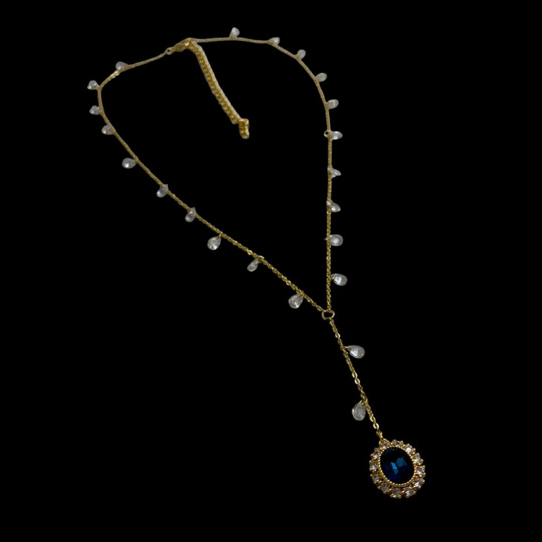 Gold Water Droplet Sapphire Blue Lariat