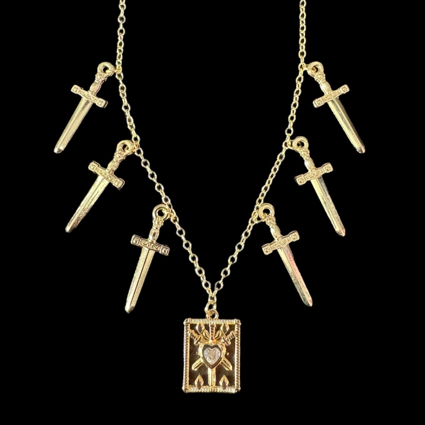 Gold Three Swords Tarot Charm Necklace