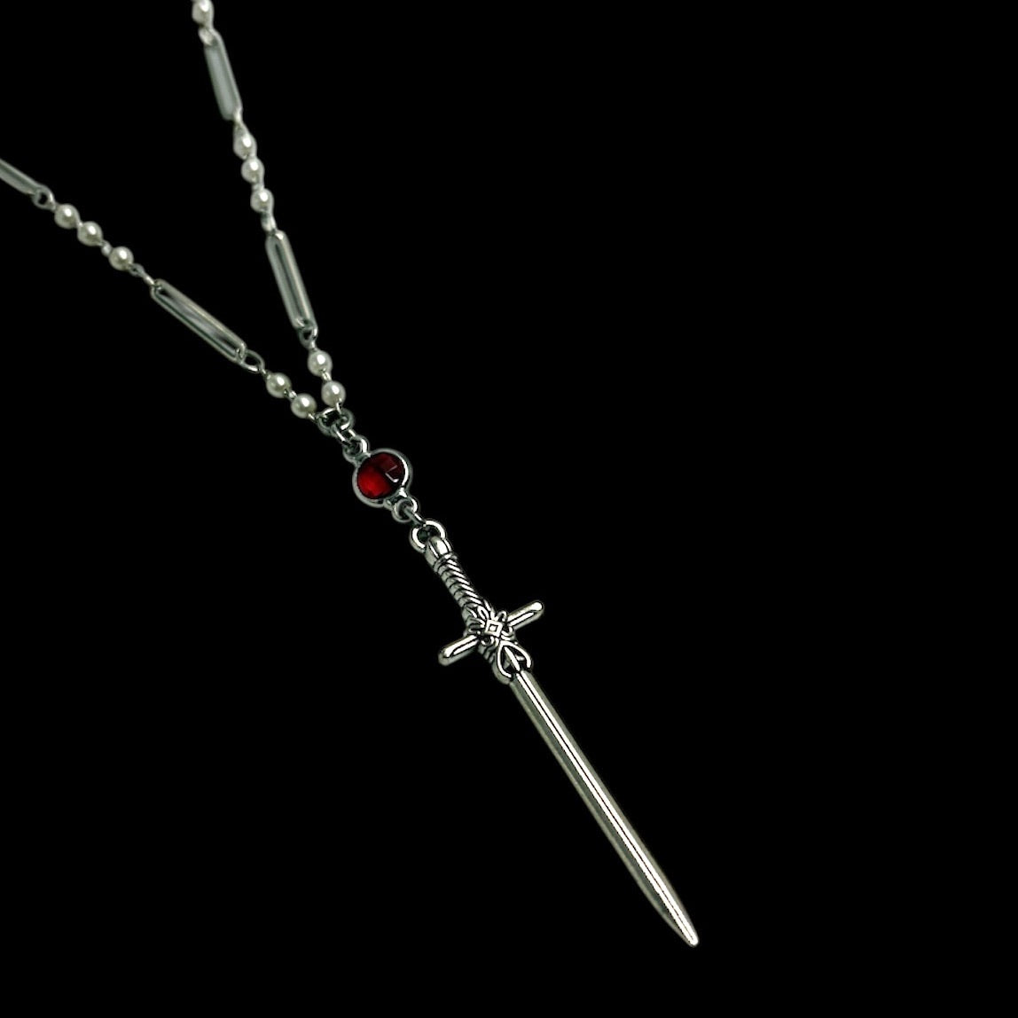 Knights Silver Sword Pearl Link Necklace