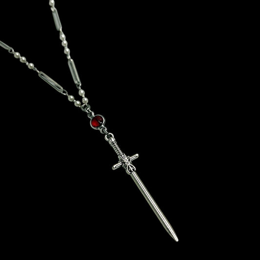 Knights Silver Sword Pearl Link Necklace