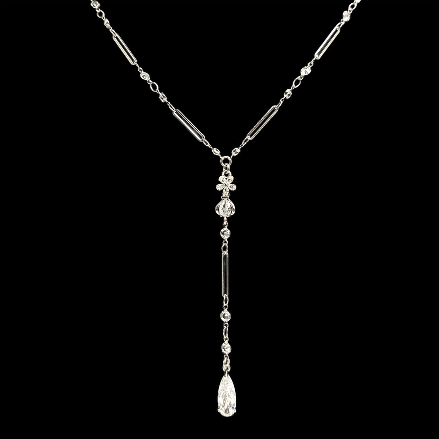 Silver Floral Diamond Link Droplet Rosary