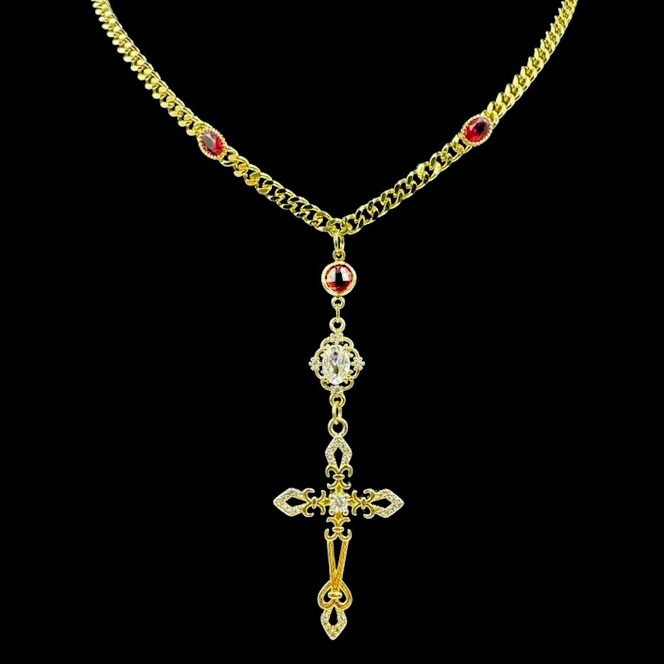 Fleur De Lis Cross Red Gem Curb Chain
