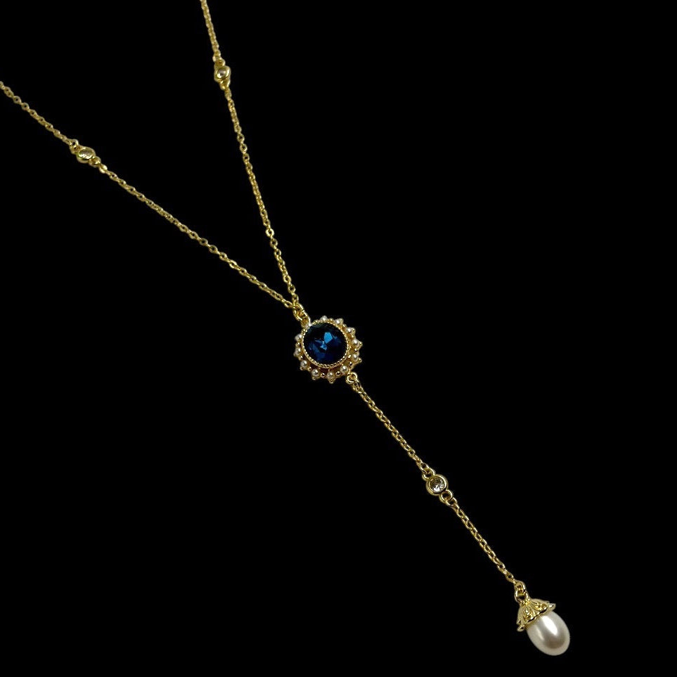 Gold Siren Sapphire Blue Pearl Drop Lariat