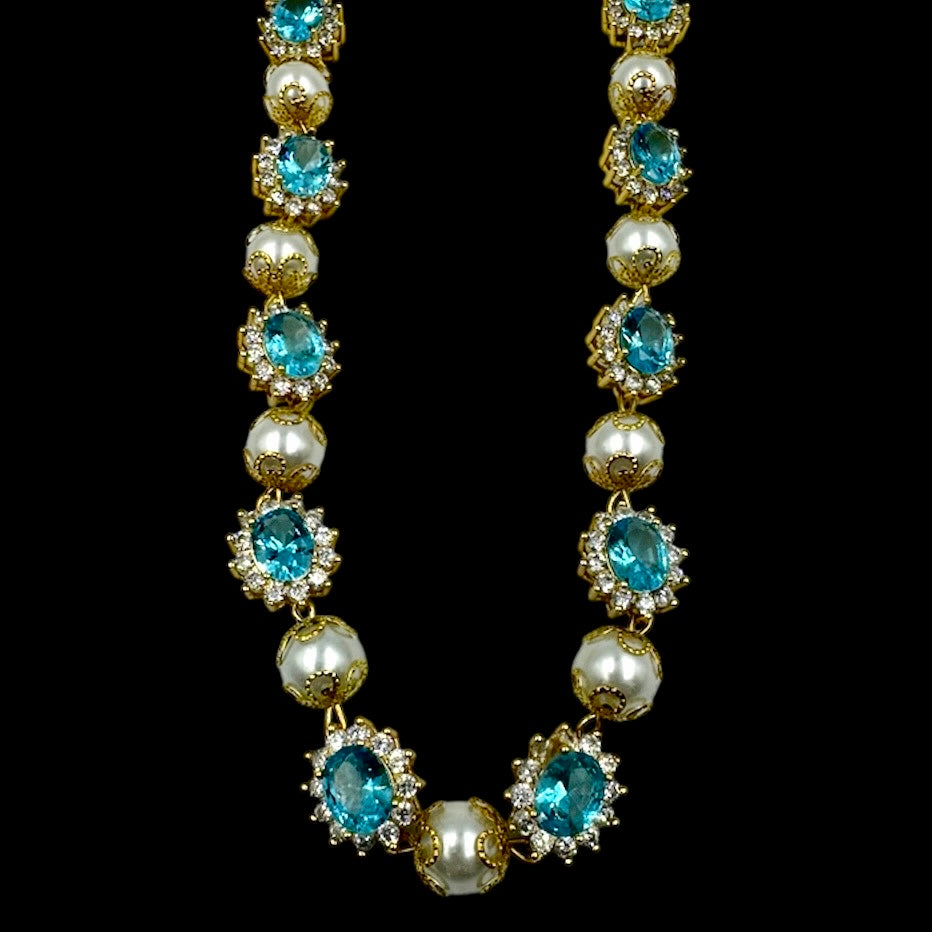 Venus Aquamarine Blue Gems & Pearl Choker