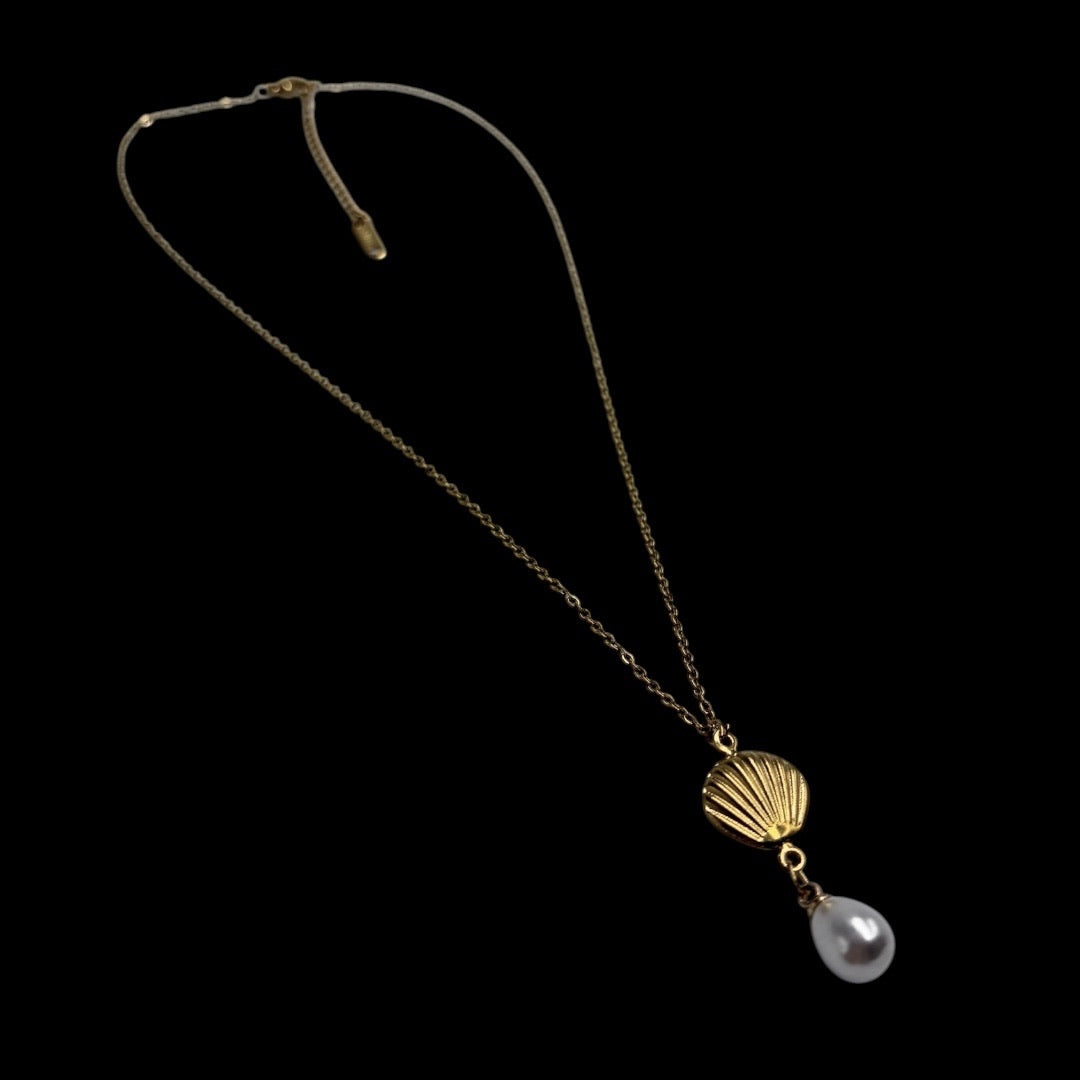 Gold Shell Pearl Drop Necklace