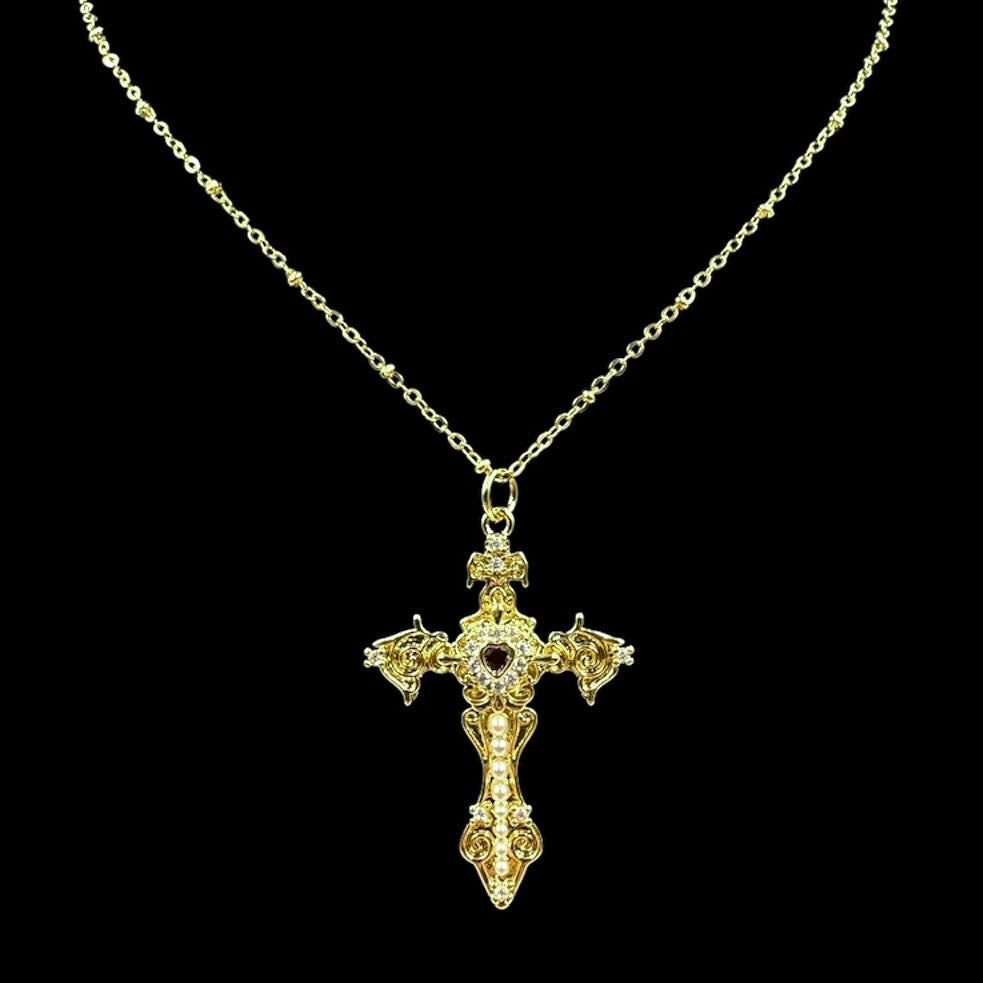 Gold Pearl Fleur de Lis Cross