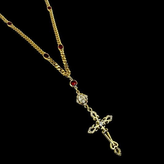 Fleur De Lis Cross Red Gem Curb Chain