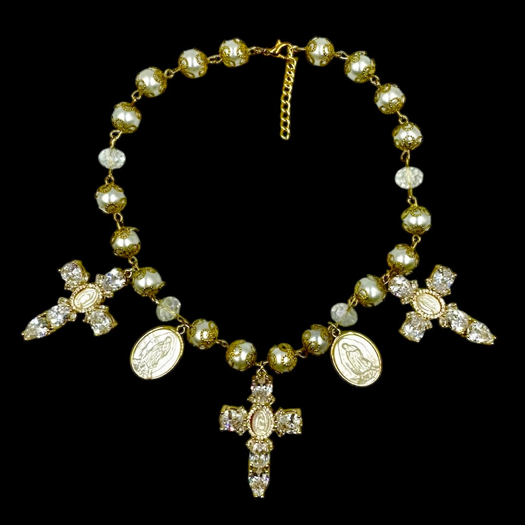 Virgin Mary Crystal Cross Charm Necklace