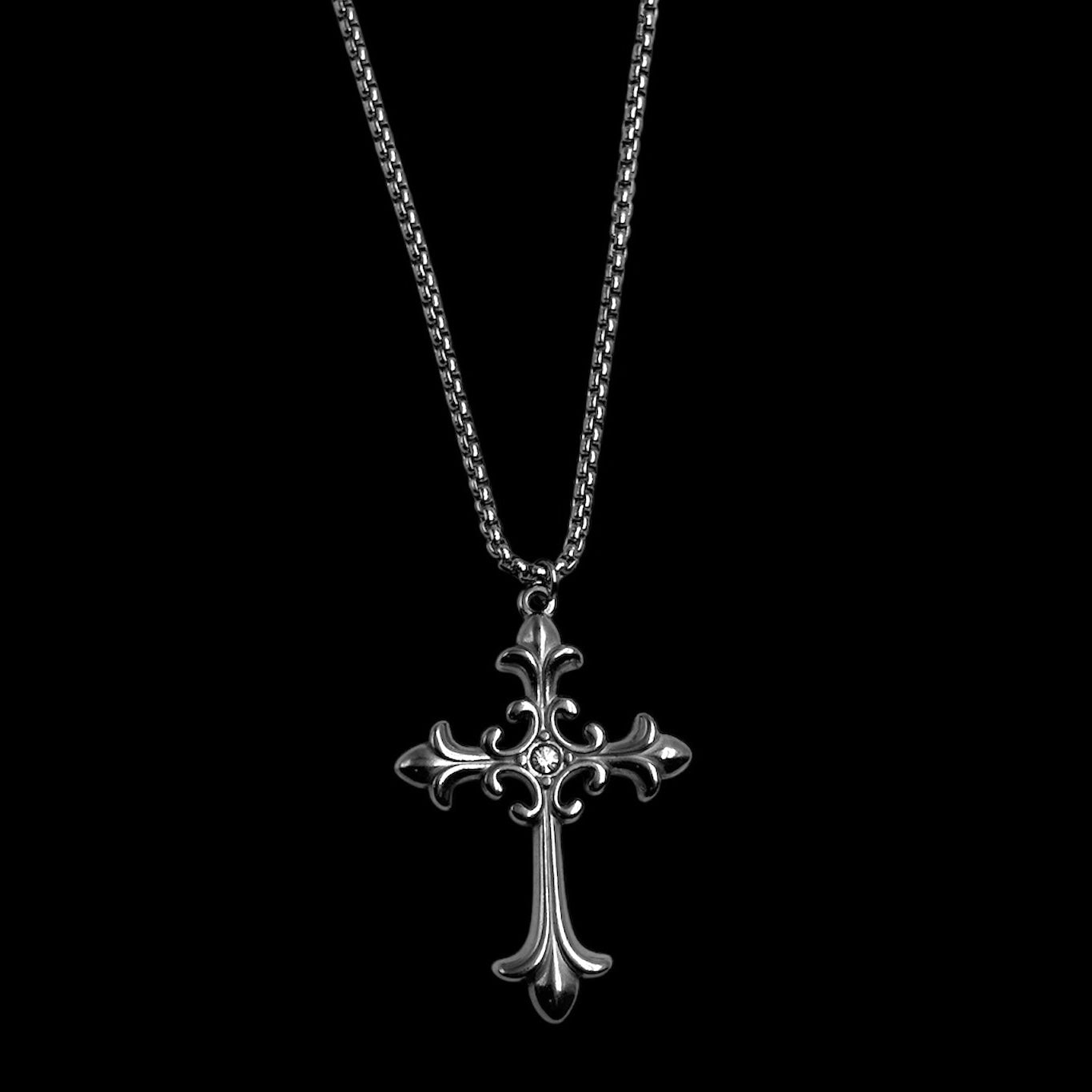 Silver Fleur De Lis Diamond Cross Necklace