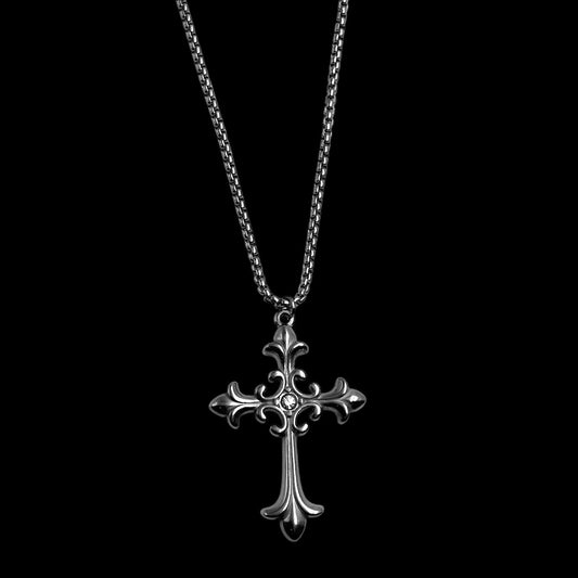 Silver Fleur De Lis Diamond Cross Necklace