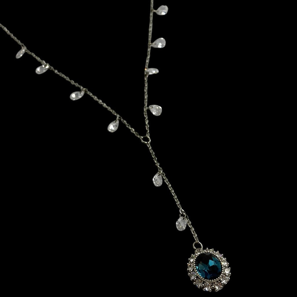 Silver Water Droplet Sapphire Blue Lariat