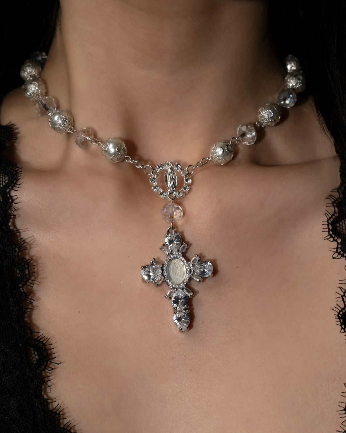 Silver Virgin Mary Crystal Cross Rosary Choker