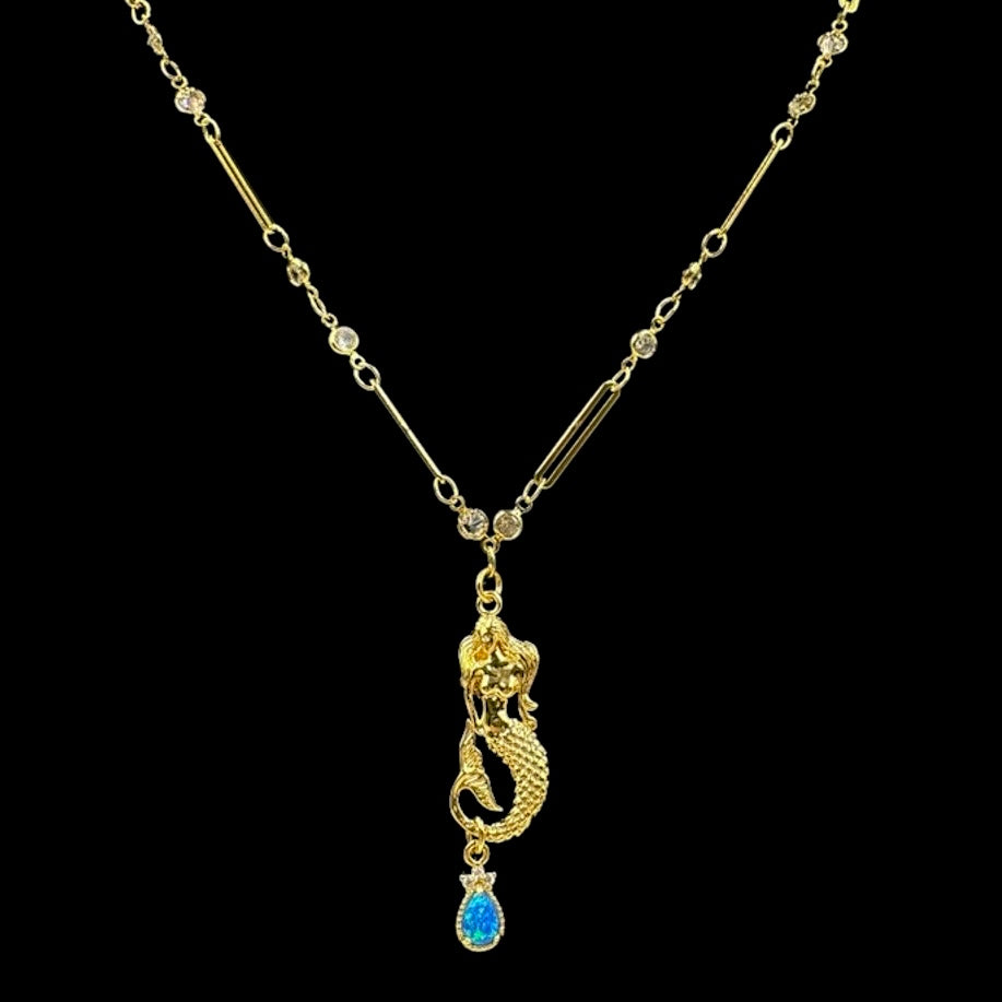 Gold Siren Blue Opal Droplet Crystal Necklace