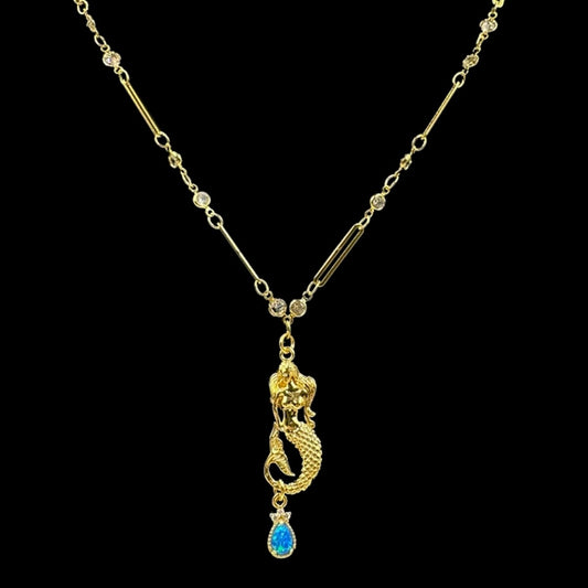 Gold Siren Blue Opal Droplet Crystal Necklace