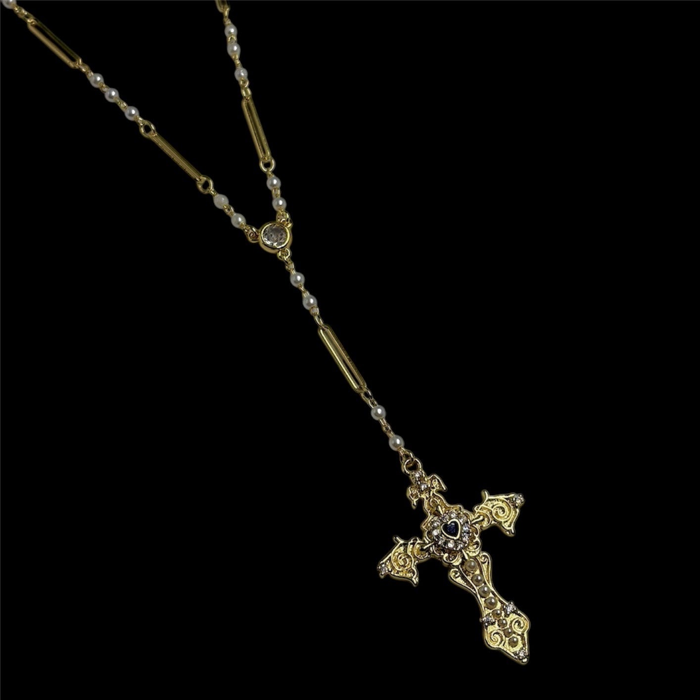 Heart Fleur de Lis Pearl Link Rosary