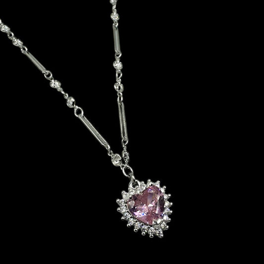 Silver Pink Diamond Heart Crystal Necklace
