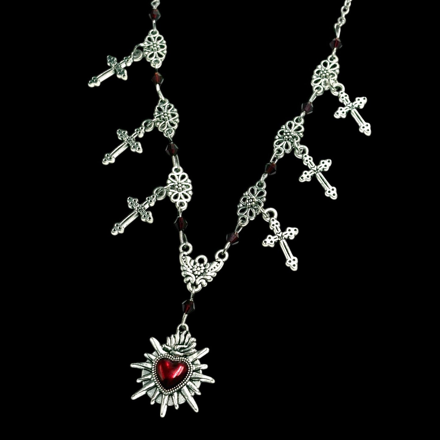 Spiked Sacred Heart Cross Charm Necklace