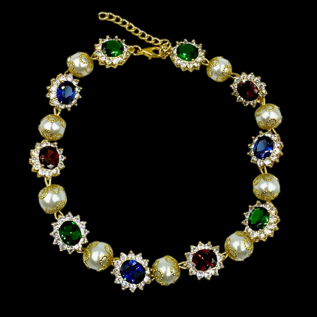 Green Red Blue Gems & Pearls Choker