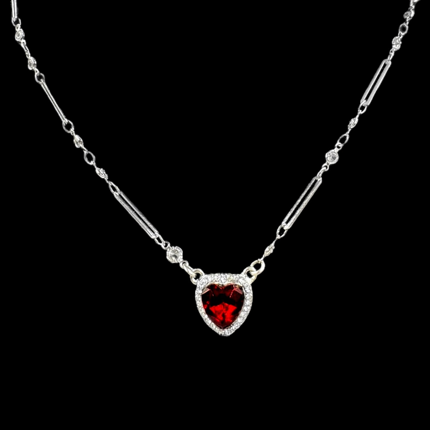 Pierceable Silver Red Heart Crystal Chain Necklace
