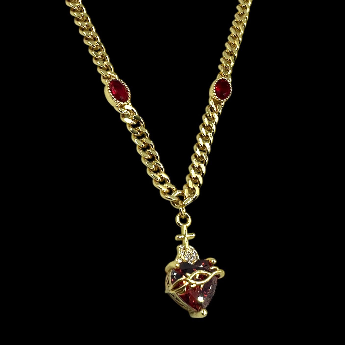 Thorned Sacred Heart Red Gem Chain Necklace