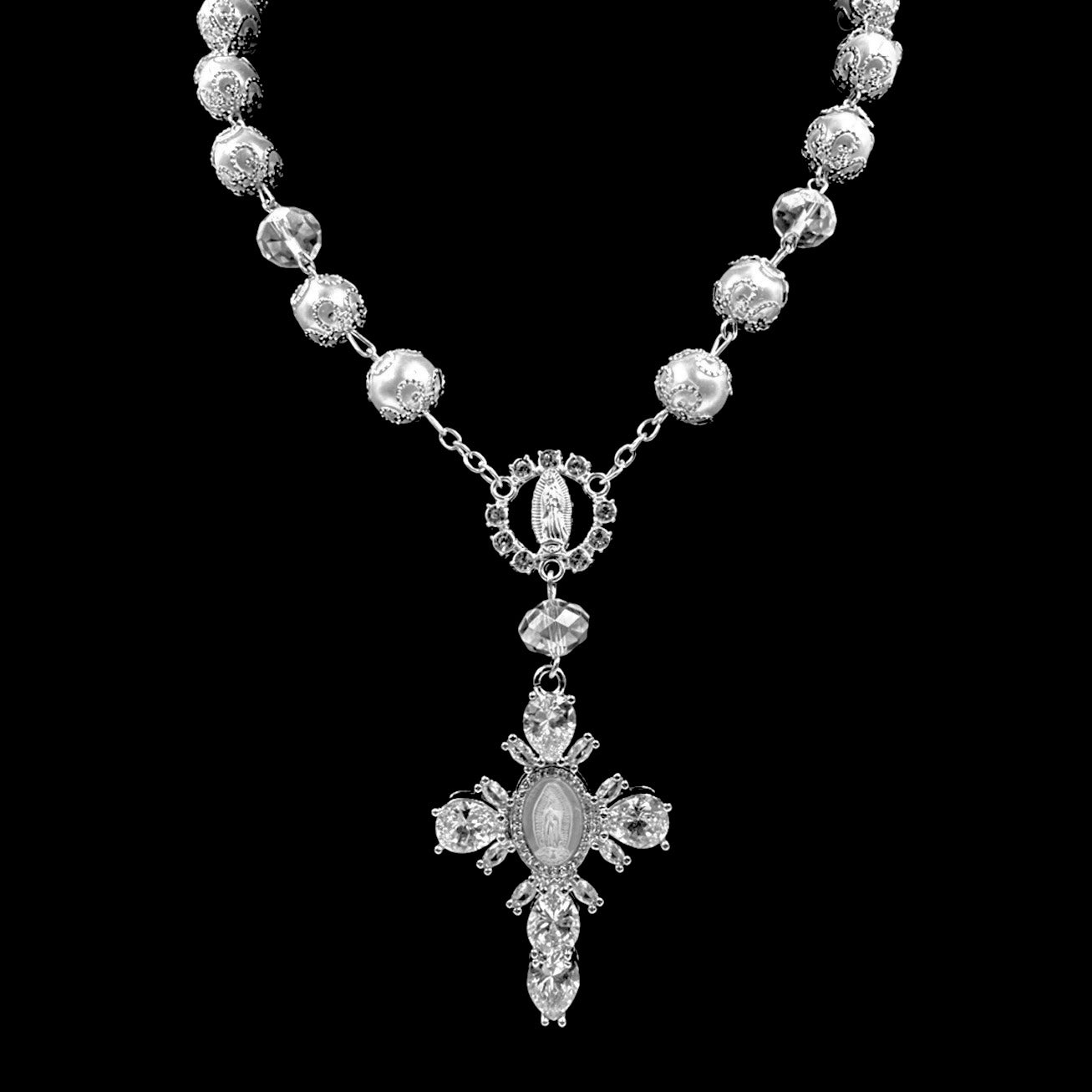 Silver Virgin Mary Crystal Cross Rosary Choker