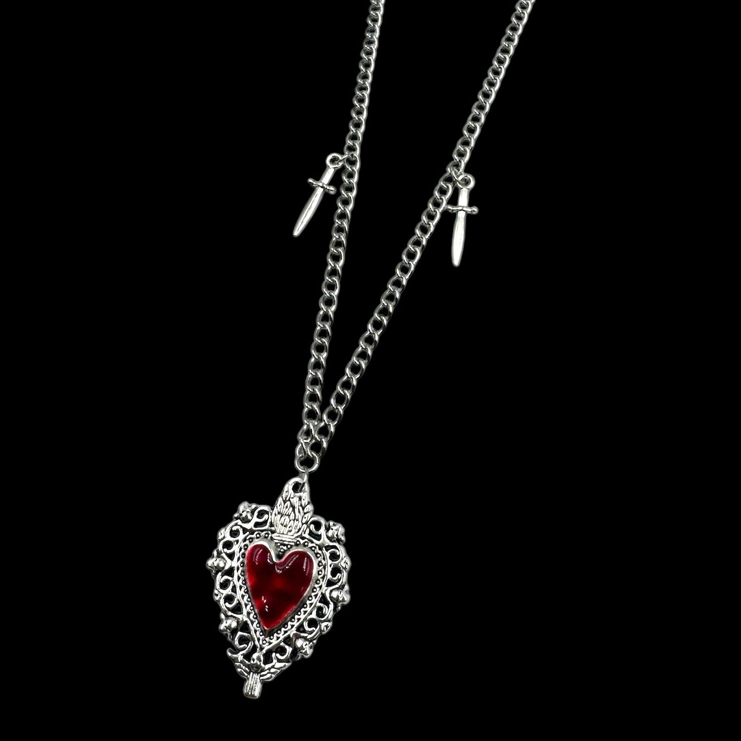 Silver Sacred Heart Mini Sword Charm Necklace