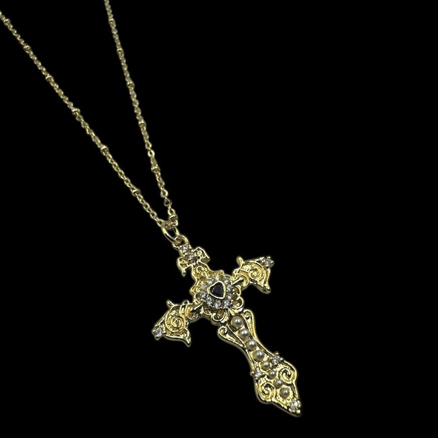 Gold Pearl Fleur de Lis Cross