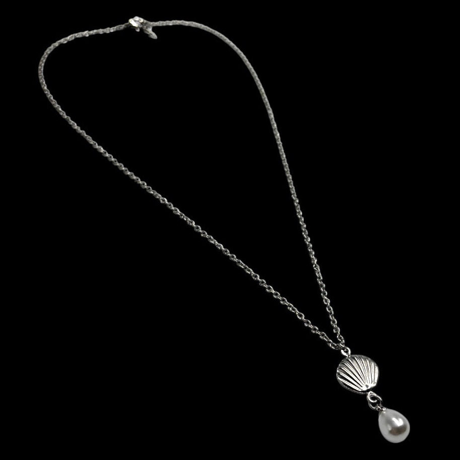 Silver Shell Pearl Drop Necklace