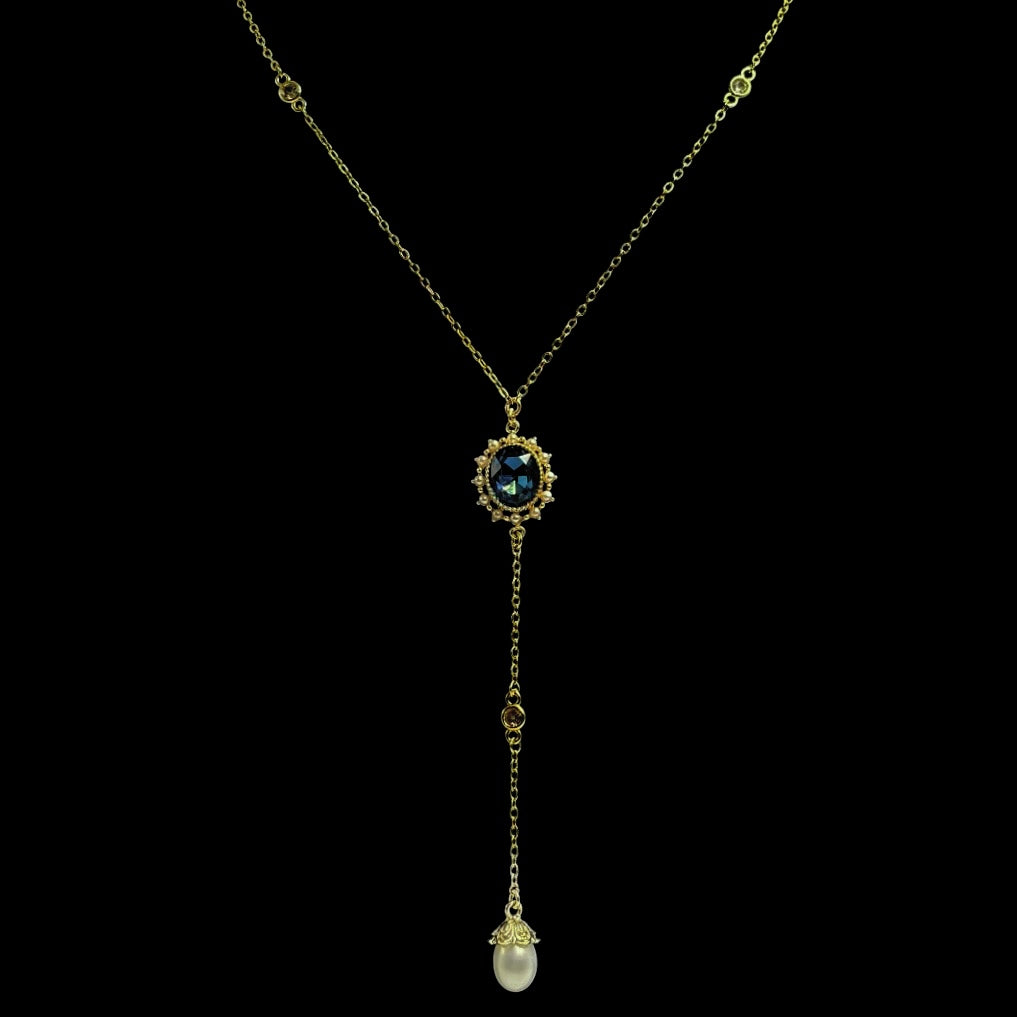 Gold Siren Sapphire Blue Pearl Drop Lariat