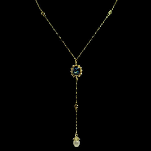 Gold Siren Sapphire Blue Pearl Drop Lariat