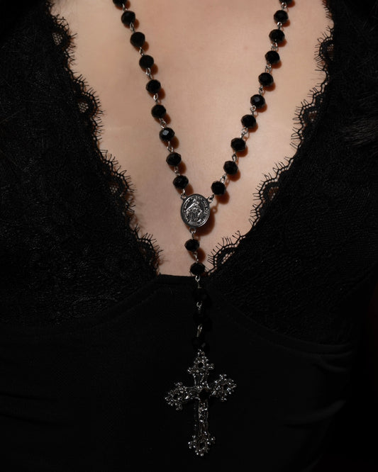 Silver Black Jewel Cross Beaded Rosary