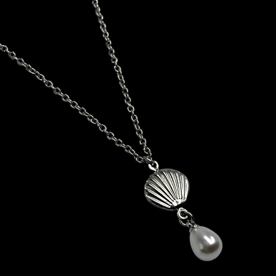 Silver Shell Pearl Drop Necklace