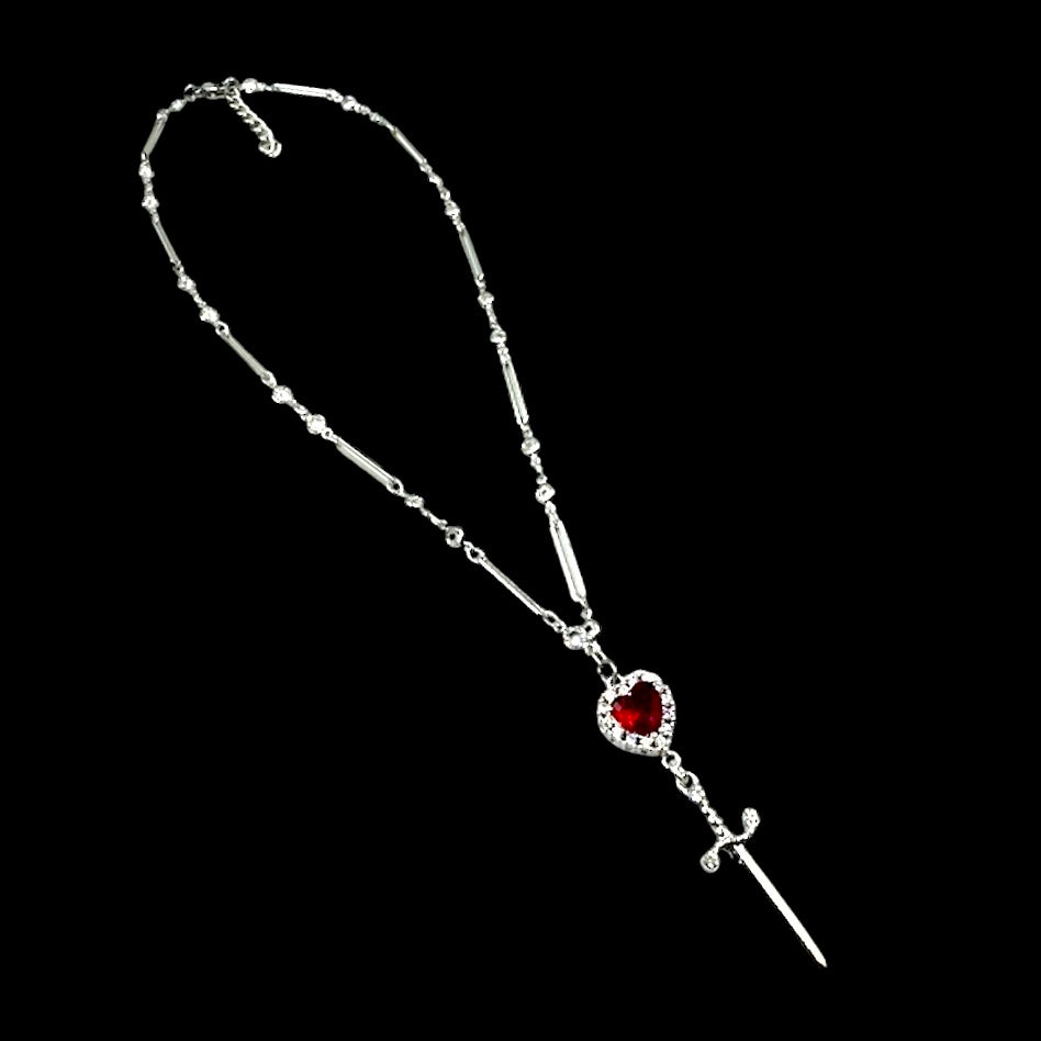 Silver Heart Dagger Crystal Chain Necklace