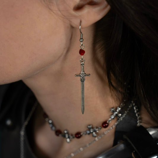 Blood Red Beaded Jewel Sword Earrings
