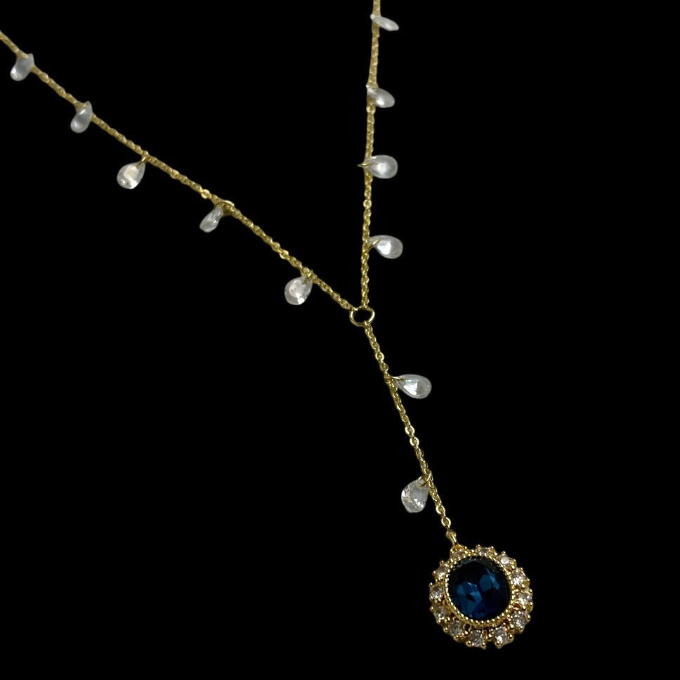 Gold Water Droplet Sapphire Blue Lariat
