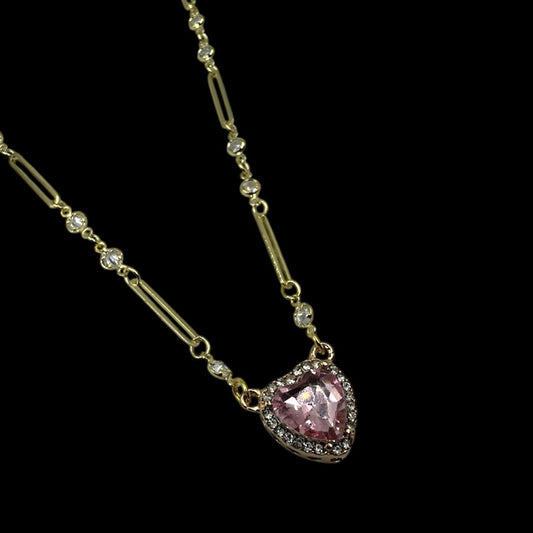 Pierceable Gold Pink Heart Crystal Chain Necklace
