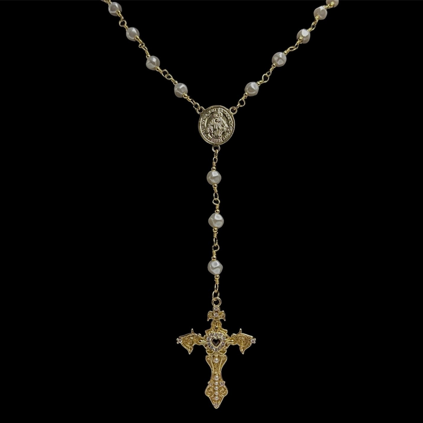 Heart Fleur de Lis Pearl Rosary