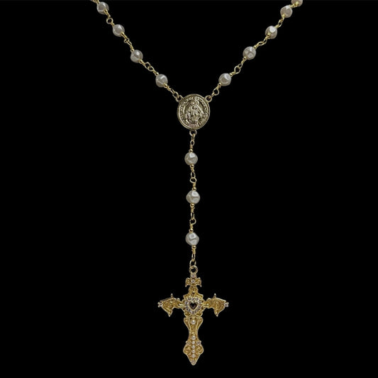 Heart Fleur de Lis Pearl Rosary