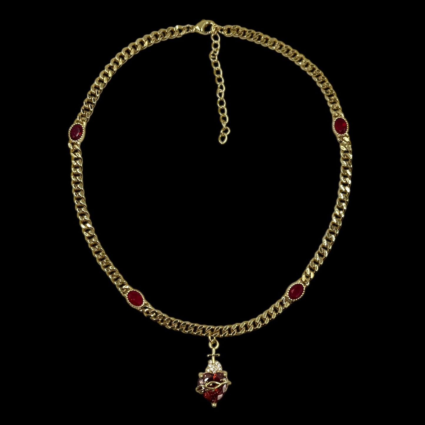 Thorned Sacred Heart Red Gem Chain Necklace
