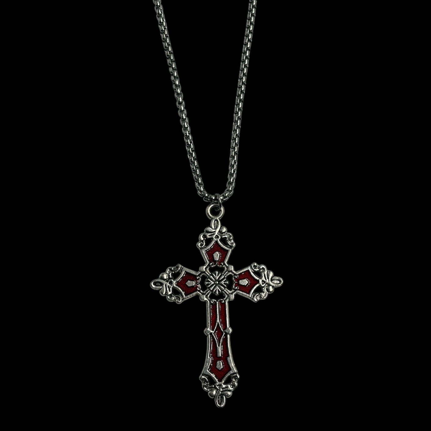 Silver Ornate Red Cross Necklace