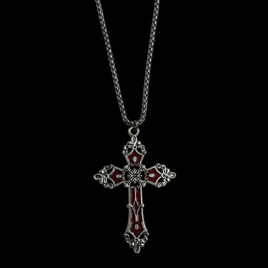 Silver Ornate Red Cross Necklace