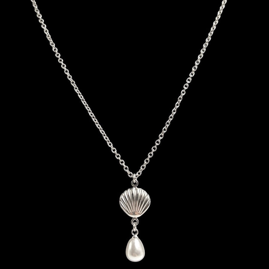 Silver Shell Pearl Drop Necklace