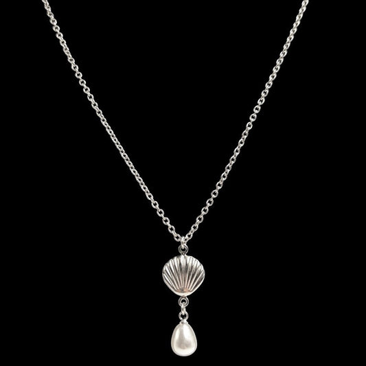 Silver Shell Pearl Drop Necklace