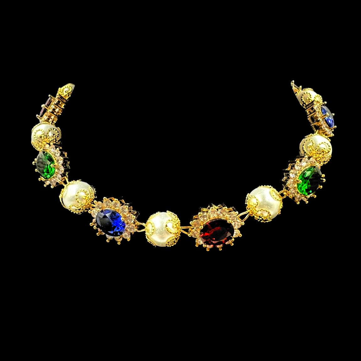 Green Red Blue Gems & Pearls Choker